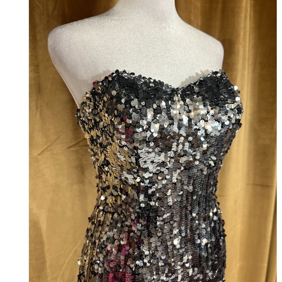Night Moves Strapless Sequin Dress in Black and Silver - Picture 2 of 7